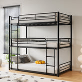 Triple Twin Bunk Bed Frame, Metal with Guardrail, Black